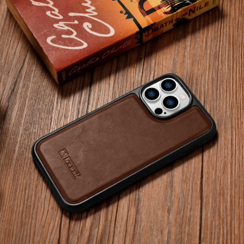 Etui pokryte naturalną skórą do iPhone 14 Pro Leather Oil Wax ciemny brąz ICARER