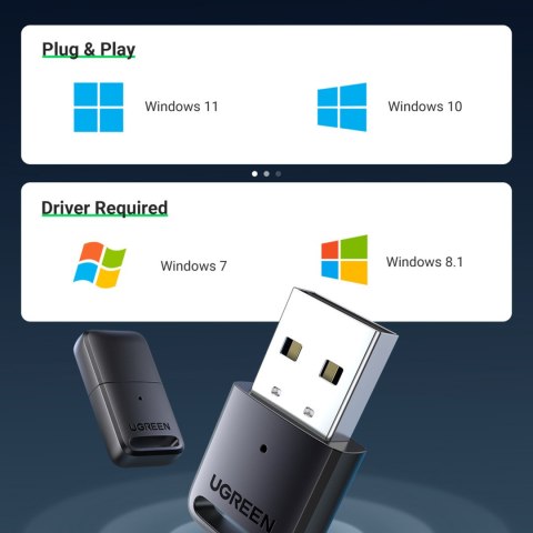 Adapter port Bluetooth 5.0 USB pod Windows 7-11 zasięg 20m czarny UGREEN