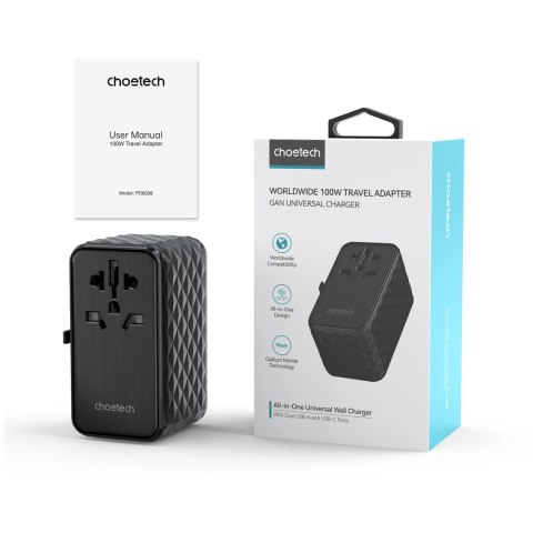 Adapter ładowarka podróżna EU / US / AUS / UK 2x USB-C 2x USB-A 100W - czarny CHOETECH Adapter ładowarka podróżna EU / US / AUS / UK 2x USB-C 2x USB-A 100W - czarny CHOETECH