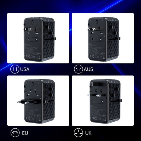 Adapter ładowarka podróżna EU / US / AUS / UK 2x USB-C 2x USB-A 100W - czarny CHOETECH Adapter ładowarka podróżna EU / US / AUS / UK 2x USB-C 2x USB-A 100W - czarny CHOETECH