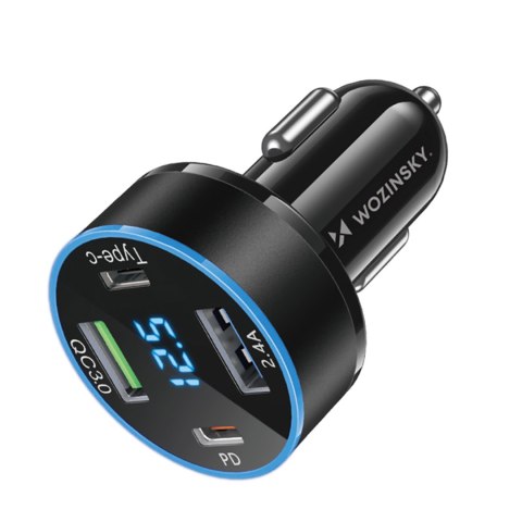 Ładowarka samochodowa z wyświetlaczem 50W 2xUSB-C i 2xUSB-A - czarna WOZINSKY