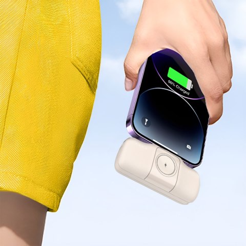 Mini powerbank 5000mAh 15W iPhone Lightning i ładowarką do Apple Watch - beżowy WOZINSKY