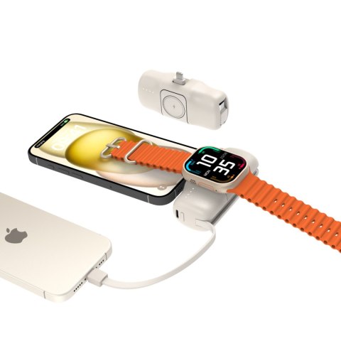 Mini powerbank 5000mAh 15W iPhone Lightning i ładowarką do Apple Watch - beżowy WOZINSKY