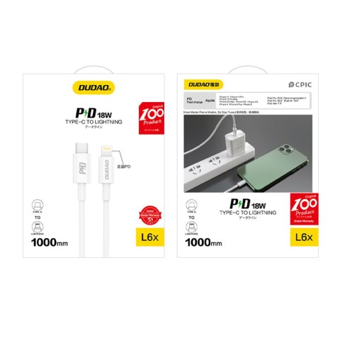 Kabel przewód L6X USB-C - iPhone Lightning PD 20W 1m - biały DUDAO