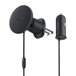 Magnetyczny uchwyt samochodowy Baseus CW01 do kratki z ładowarką USB-A, 15W + 25W (czarny) Baseus