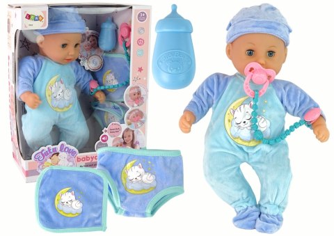 Lalka Bobas Dźwięk Smoczek Śliniaczek Niebieska Piżama Kotek LEAN Toys Lalka Bobas Dźwięk Smoczek Śliniaczek Niebieska Piżama Kotek LEAN Toys
