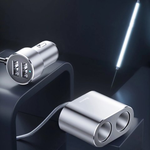 Rozdzielacz samochodowy 2x gniazdo zapalniczki 80W 2x USB-A 3.1A - srebrny BASEUS