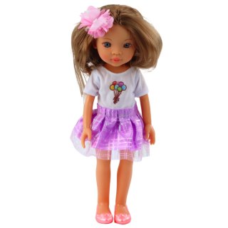 Lalka W Fioletowej Sukience Długie Brązowe Włosy Spinka Kwiat LEAN Toys
