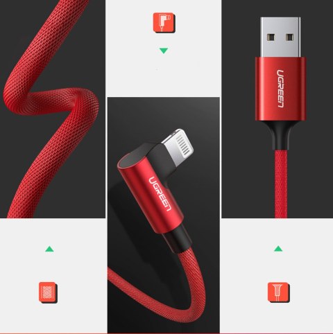 Kabel przewód kątowy iPhone Lightning - USB-A MFi 2.4A 1m - czerwony UGREEN