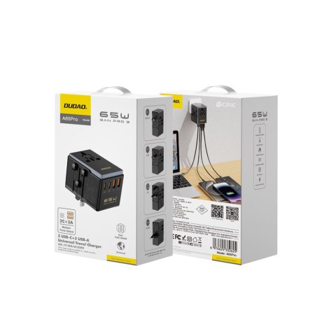 Ładowarka adapter podróżny GAN PRO 3 65W EU / US / JP / AUS / UK 2x USB-C 2x USB-A - czarny DUDAO