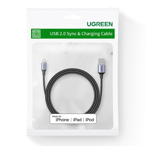 Kabel przewód w oplocie USB-A - iPhone Lightning MFi 1.5m - czarny UGREEN