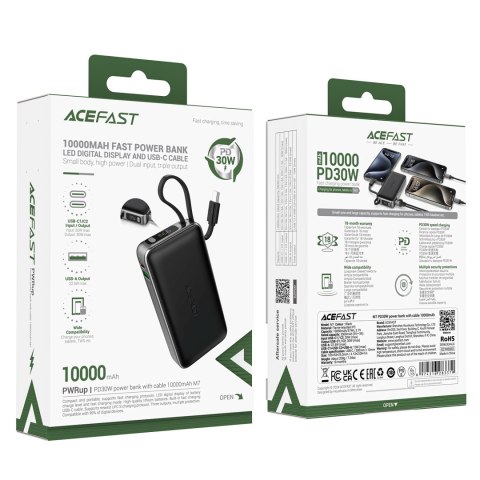 Powerbank 10000mAh PD30W z wbudowanym kablem USB-C - czarny ACEFAST