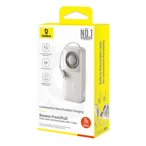 Powerbank Free2Pull 10000mAh 30W z portem USB-C i rozwijanym kablem USB-C - szary BASEUS