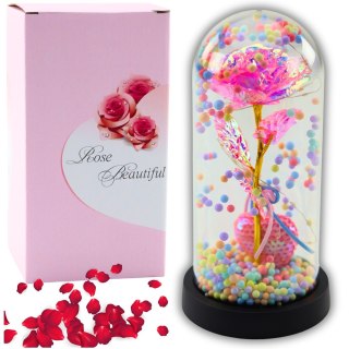 Wieczna Róża w Kopule z Oświetleniem LED Różowa z Serduszkiem i Kuleczkami LEAN