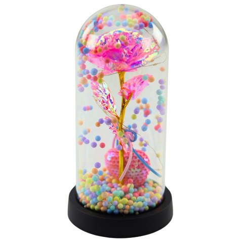 Wieczna Róża w Kopule z Oświetleniem LED Różowa z Serduszkiem i Kuleczkami LEAN