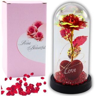 Wieczna Róża w Kopule z Oświetleniem LED Sercem Koralikami Czerwona 21x11cm LEAN