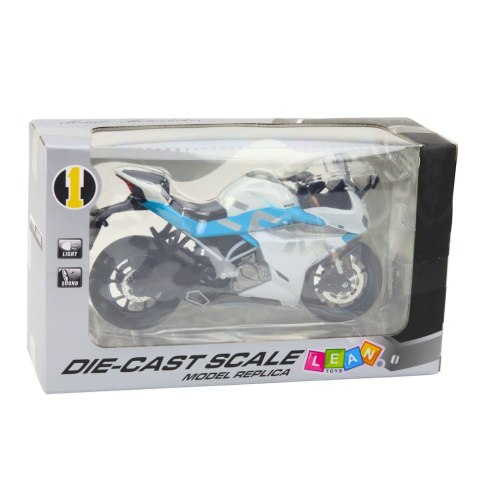 Motocykl Sportowy Metalowy Światła Dźwięki Biało Niebieski 1:12 LEAN Toys