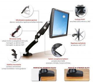 Uchwyt biurkowy na sprężynie gazowej do 1 monitora LCD/LED 13-27" L-11GD ART