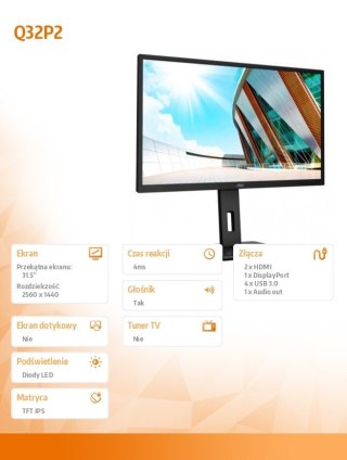 Monitor Q32P2 31.5 cala IPS HDMIx2 DP regulacja wysokości AOC