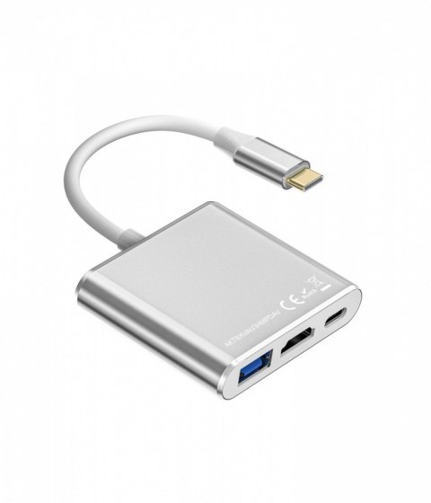 Adapter HUB USB C 3w1 - HDMI, USB, PD srebrny TB