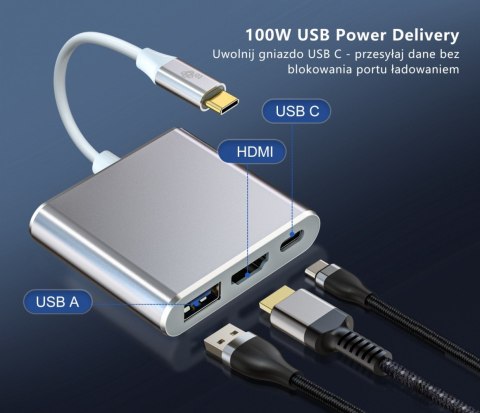 Adapter HUB USB C 3w1 - HDMI, USB, PD srebrny TB