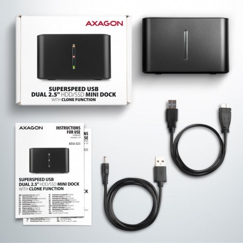 ADSA-D25 MINI stacja dokująca USB 3.2 Gen 1 - 2x SATA 6G 2.5" SSD/HDD CLONE AXAGON