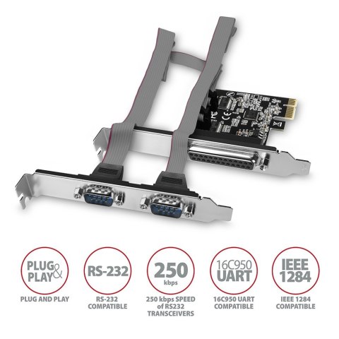 PCEA-PSN Kontroler PCIe 1x port równoległy LPT + 2x port szeregowy RS232 250 kbps, w zestawie SP & LP AXAGON