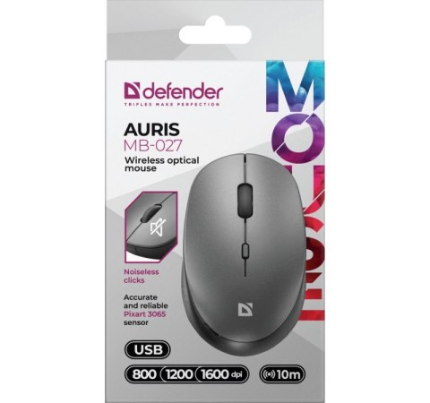 Mysz bezprzewodowa silent click AURIS MB-027 800/1200/1600DPI szara Defender