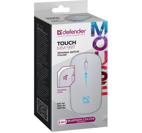 Mysz bezprzewodowa silent click TOUCH MM-997 akumulator 800/1200/1600 DPI biała Defender