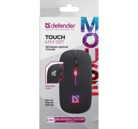 Mysz bezprzewodowa silent click TOUCH MM-997 akumulator 800/1200/1600 DPI czarna Defender