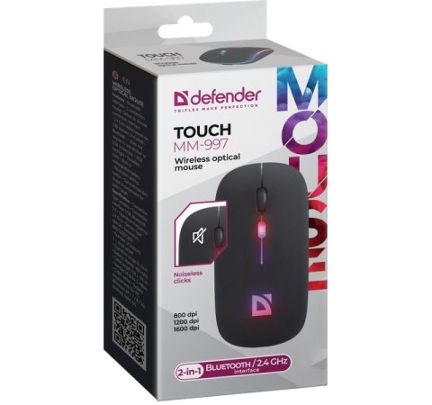 Mysz bezprzewodowa silent click TOUCH MM-997 akumulator 800/1200/1600 DPI czarna Defender
