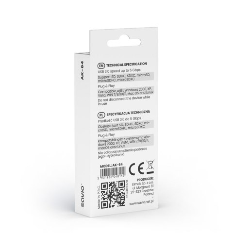 Czytnik kart SD, USB 3.0, 5 Gbps, AK-64 Savio