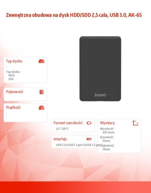 Zewnętrzna obudowa na dysk HDD/SDD 2,5 cala, USB 3.0, AK-65 Savio