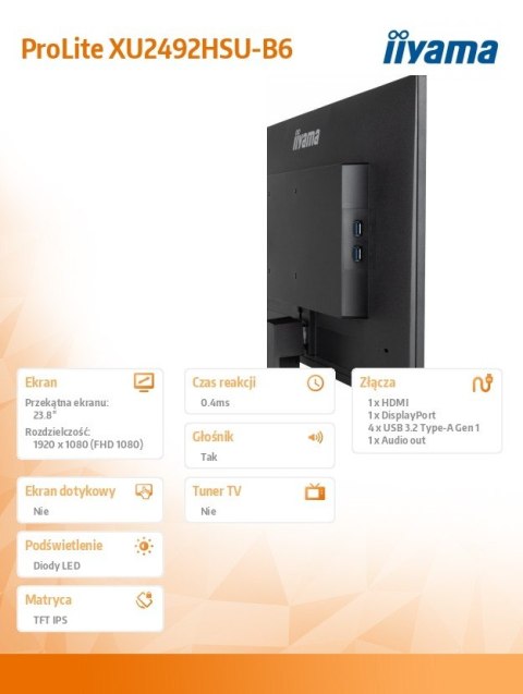 Monitor 23.8 cala XU2492HSU-B6 IPS,FHD,HDMI,DP,100Hz,4xUSB3.2,SLIM,2x2W IIYAMA
