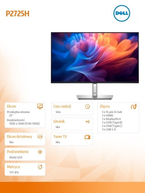 Monitor 27 cali P2725H IPS LED Full HD(1920x1080)/16:9/HDMI/DP/VGA/USB-C/USB/3Y Dell