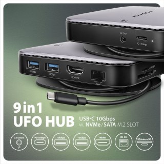 HMC-UFO Wieloportowy hub USB 9in1, 10Gbps, 2x USB-A, HDMI 4K/60Hz, M.2 NVMe/SATA, audio, PD 100W, SD/microSD, GLAN, 65cm USB-C k AXAGON