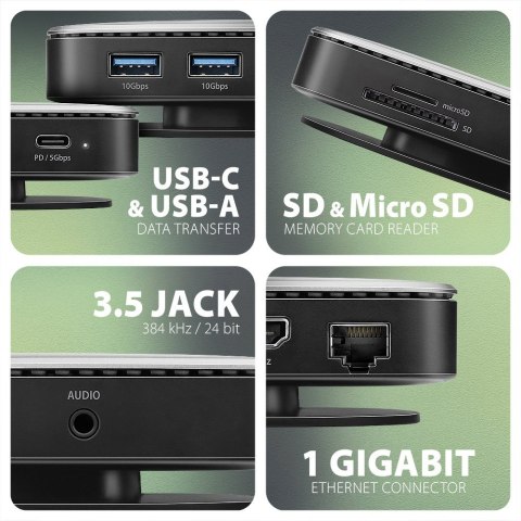 HMC-UFO Wieloportowy hub USB 9in1, 10Gbps, 2x USB-A, HDMI 4K/60Hz, M.2 NVMe/SATA, audio, PD 100W, SD/microSD, GLAN, 65cm USB-C k AXAGON