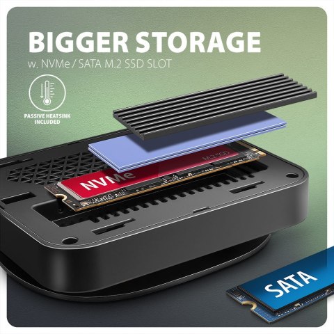 HMC-UFO Wieloportowy hub USB 9in1, 10Gbps, 2x USB-A, HDMI 4K/60Hz, M.2 NVMe/SATA, audio, PD 100W, SD/microSD, GLAN, 65cm USB-C k AXAGON