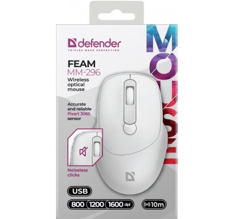 Mysz bezprzewodowa silent click FEAM MM-296 RF 1600 DPI Biała Defender