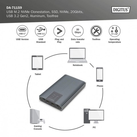 Obudowa/Stacja klonująca USB 3.1 Typ C na dyski SSD M.2 NVMe 20 Gbps aluminiowa, beznarzędziowa Digitus