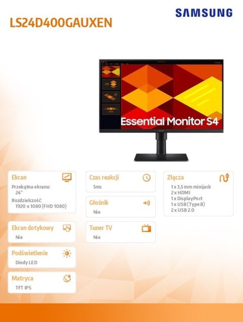 Monitor 24 cale S40GD IPS 1920x1080 FHD 16:9 2xHDMI 1xDP 2xUSB-A 2.0 1xUSB-B 5ms 100Hz HAS+PIV płaski 3YOn-Site (LS24D400GAUXEN) Samsung