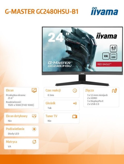 Monitor 24 cale GC2480HSU-B1,VA,180HZ,1500R,USBx2,0,5ms,300cd IIYAMA