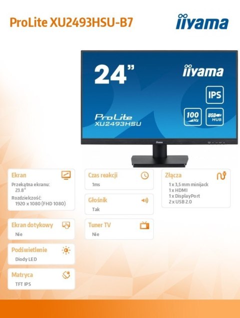 Monitor 24 cale XU2493HSU-B7,IPS.HDMI.DP.2x2W.USBx2,300cd IIYAMA