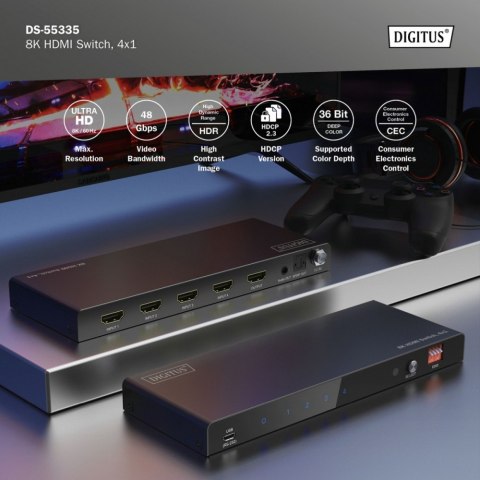 Przełącznik / Switch HDMI 4x1, 8K/60Hz (4:4:4) z HDR, 48 Gbps, HDCP 2.3, Toslink / Stereo, EDID Digitus