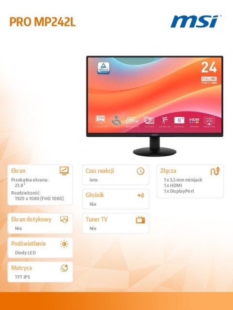 Monitor 23.8 cala PRO MP242L LED/FHD/Flat/100Hz/czarny MSI