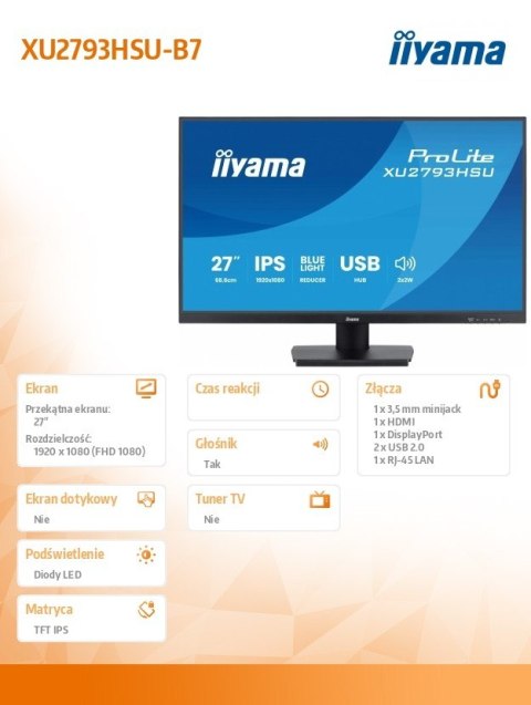 Monitor 27 cali XU2793HSU-B7 IPS.HDMI.DP.2x2W.1ms.100Hz.USBx2.300cd/m2.FlickerFree IIYAMA