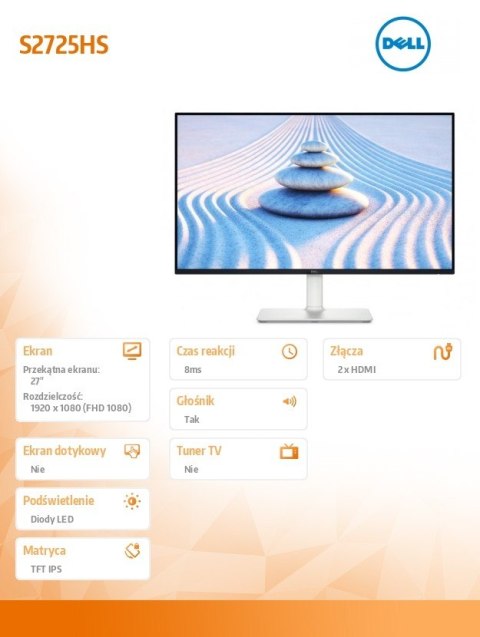 Monitor 27 cali S2725HS IPS LED 100Hz Full HD (1920x1080) /16:9/2xHDMI/Speakers/fully adjustable stand/3Y Dell