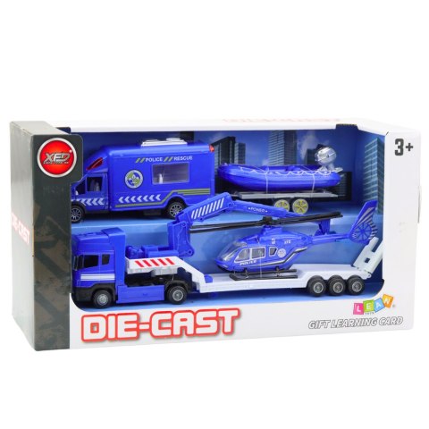 Zestaw Policyjny Samochód Ratunkowy Łódź Ciężarówka Helikopter Niebieski LEAN Toys