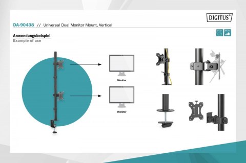 Uchwyt biurkowy pionowy 2xLCD max. 32 cale 8kg, zaciskowy, czarny Digitus
