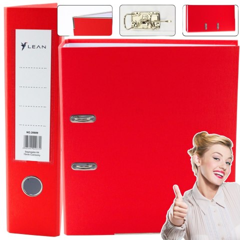 Segregator Na Dokumenty A4/75mm Okucie Mechanizm Dźwigniowy Czerwony LEAN